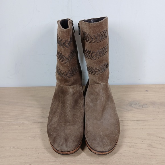 UGG Tan Leather Mid Calf Boots Womens 8.5 Embroidered Stitch Low Heel Winter - Picture 6 of 10